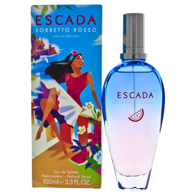 escada edt spray (edición limitada) sorbetto rosso 3.3 oz Escada frasco y caja, vista frontal con frasco ovalado de vidrio degradado azul a rosa y tapa plateada, logo ESCADA rojo y pequeño ícono de sandía; caja ilustrada colorida con mujer y escena costera, 3.3 oz visible.