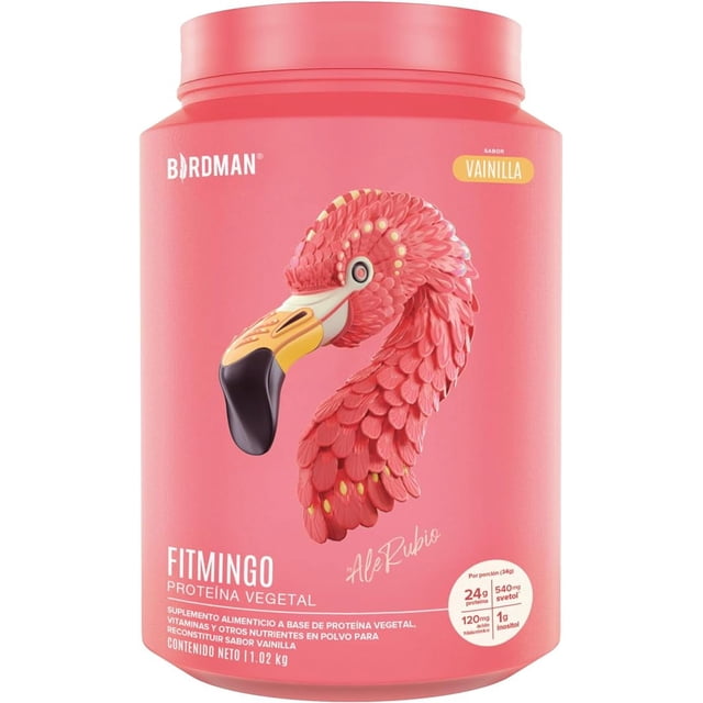 proteina vegetal birdman fitmingo 1020g vainilla frasco frontal rosado con ilustración en relieve de cabeza de flamenco; etiqueta Fitmingo muestra 24 g de proteína por porción, 540 mg Svetol®, Optiziome P3 Hydrolyzer® y sabor vainilla, suplemento vegetal en polvo en envase cilíndrico de 1.02 kg sobre fondo neutro.