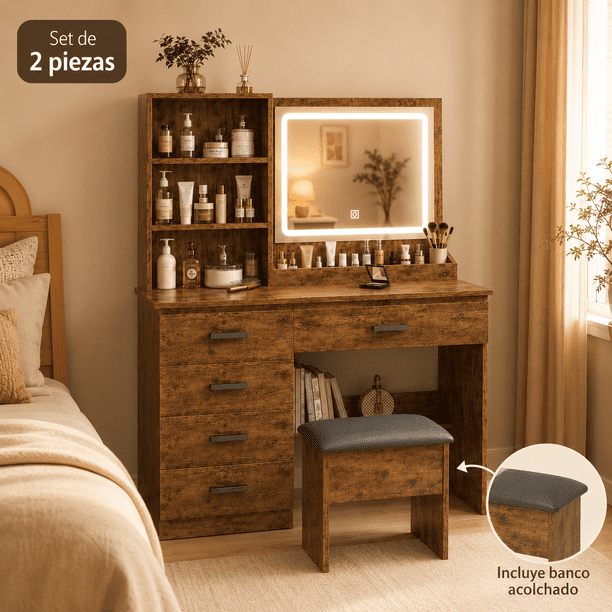 Zocalo Tocador con Espejo LED y Banco, Set de 2 Piezas, Tocador de Maquillaje con 5 Cajones y Estantes de Almacenamiento, Espejo con Luz Ajustable de 3 Tonos, Color Madera