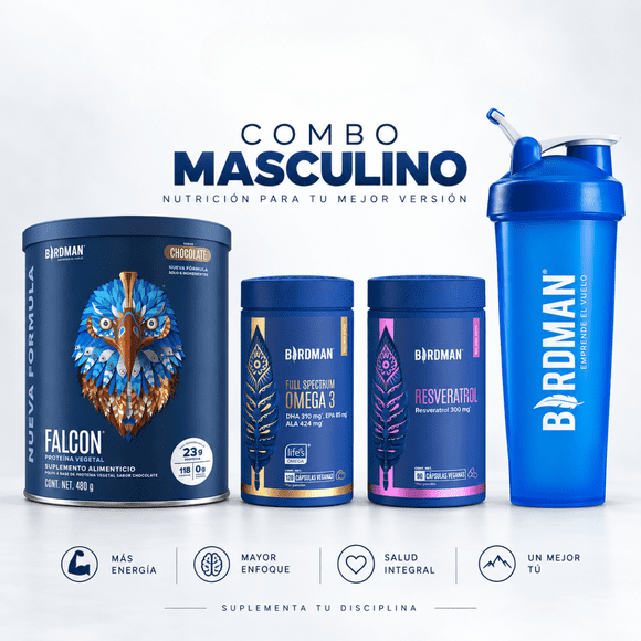 Kit Birdman Proteína Vegana Falcon Chocolate + Omega 3 + Resveratrol con Shaker Azul 600 ml