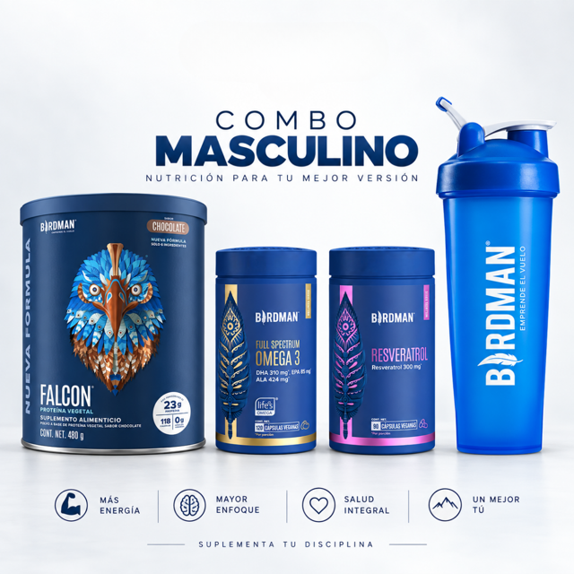 Kit Birdman Proteína Vegana Falcon Chocolate + Omega 3 + Resveratrol con Shaker Azul 600 ml