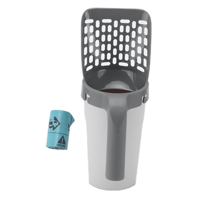 arena para gatos, arena para gatos portátil, pala para arena de gatos con almacenamiento para la limpieza HXUUAE blanca: pala de plástico con cuchara perforada y mango vertical encajada en contenedor cilíndrico; incluye rollo de bolsas y trampilla para palear, atar y desechar residuos sin derrames; también suele usarse como kit de limpieza compacto para áreas pequeñas de mascotas.