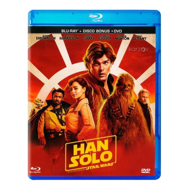 han solo una historia de star wars pelicula blu ray dvd estuche Blu‑ray frontal con póster rojo; Han Solo en el centro, Chewbacca a la derecha, Qi'ra y Lando a la izquierda, logotipos Blu‑ray y DVD visibles y título amarillo en primer plano; también adecuado para coleccionistas de películas.