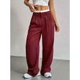thumbnail image 4 of Pantalones Anchos y Holgados para Mujer, Estilo Palazzo Harén, Informales, A Rayas, con Cintura Elástica y Bolsillos Vino Tinto L, 4 of 7