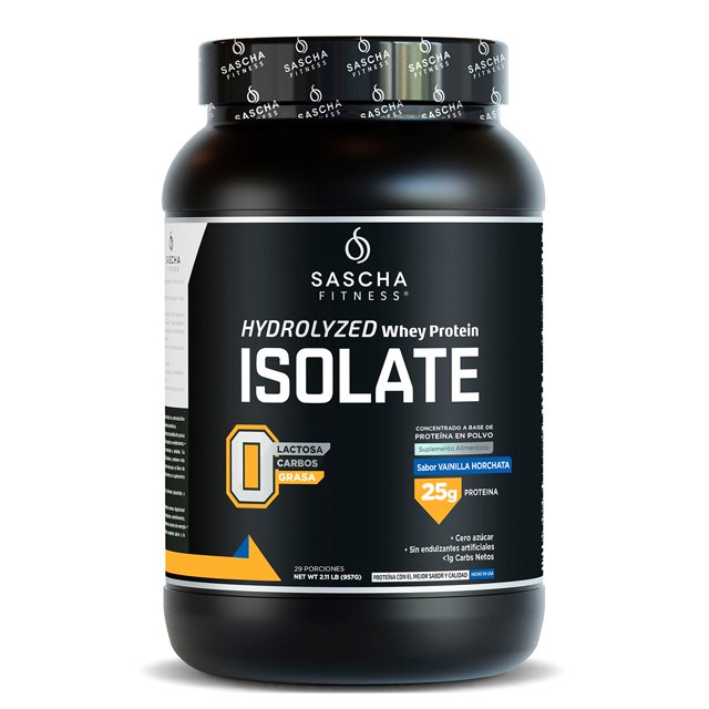 proteína en polvo sascha fitness sabor vainilla horchata 29 servicios bote frontal centrado, envase negro con etiqueta negra y texto grande 'ISOLATE' y 'Hydrolyzed Whey Protein', sello azul 'Sabor Vainilla Horchata' y marcador naranja '25g proteína', tapa con repetición del logo Sascha Fitness, fondo blanco. A menudo usada como snack o batido antes o después del entrenamiento.