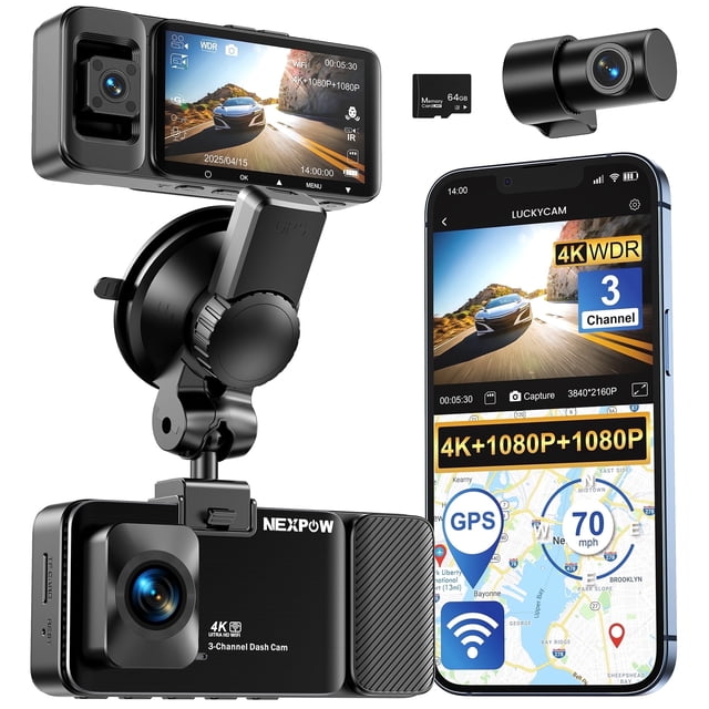 nexpow cabina trasera delantera con cámara de tablero wifi de 3 canales y 5g cámara de tablero gps 4k+1080p+1080p para automóvil con tarjeta de 64gb visión nocturna wdr — Vista compuesta que muestra la unidad principal negra con pantalla IPS de 3" y lente frontal Ultra HD 4K con logotipo NEXPOW, cámara cilíndrica para cabina/trasera, soporte de ventosa GPS y microSD de 64 GB; se aprecia la interfaz de la app Lucky Cam en un teléfono, la textura ranurada del cuerpo y el montaje de succión. Diseñada para grabación con GPS, vigilancia 24/7 y rendimiento nocturno HDR/WDR; también suele usarse para documentar recorridos y compartir clips.