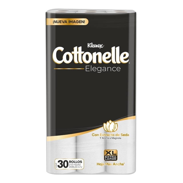 papel higiénico kleenex elegance cottonelle 30 rollos con 215 hojas dobles c/u paquete frontal vertical con fondo negro y detalle blanco, logo grande 'Cottonelle Elegance', indicador '30 rollos XL' y 'Hoja Más Ancha', tres rollos visibles en la base, menciona 'Con Extracto de Seda', 'Aroma a Magnolia' y sello certificado FSC. Ideal para quienes buscan papel higiénico de doble hoja y mayor rendimiento.
