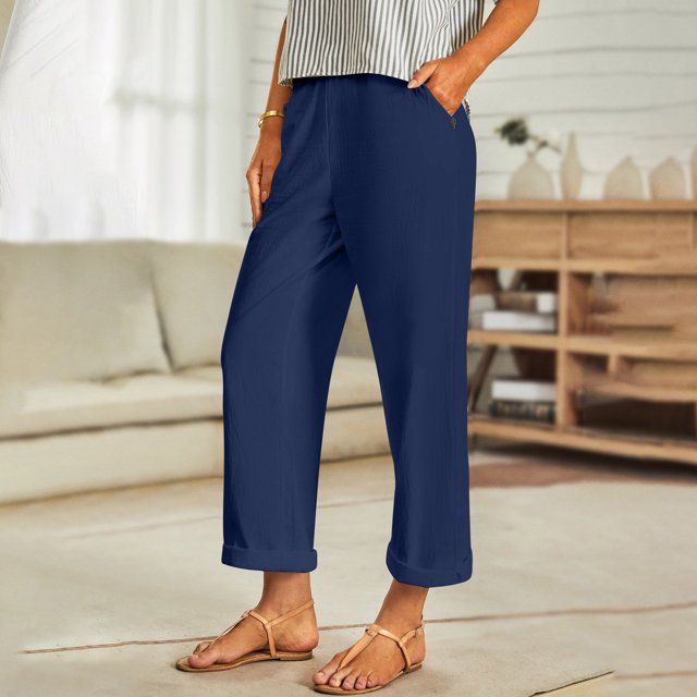 TaTaai Spring Fall Women's Linen Trousers Elastic Waist Wide Leg Straight Cut Loose Fit Ankle Length Casual Pants Solid Color Versatile Staple for Daily Style Gift