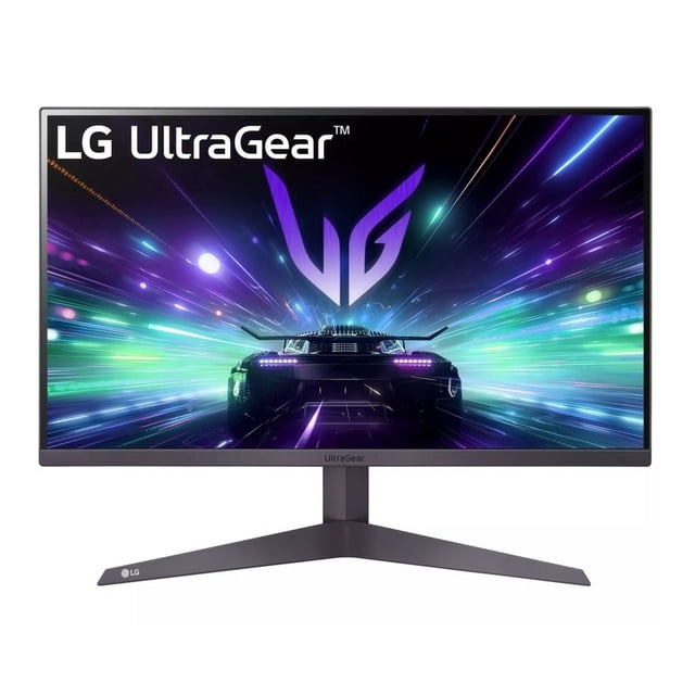 monitor gamer lg ultragear 27gs50f b lcd full hd 27 pulgadas pantalla plana negra FHD 1920x1080 VA 180 Hz con AMD FreeSync, vista frontal centrada con base en V y biseles delgados, panel antirreflejante mostrando gráfico de carrera luminoso; también adecuado para estaciones de juego compactas y setups de streaming.