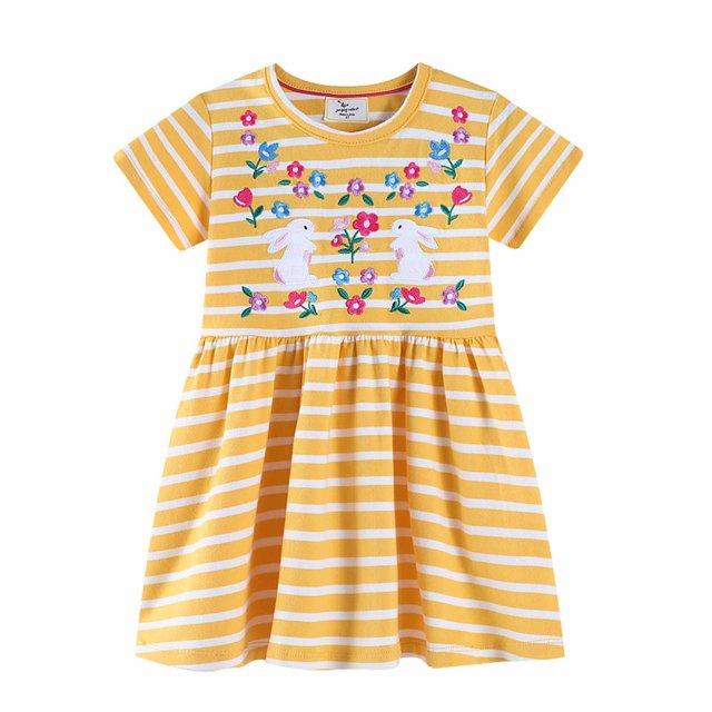 Vestido de niña REDARER con bordado de rayas – Algodón, manga corta, informal, con apliques, talla 4-5 años