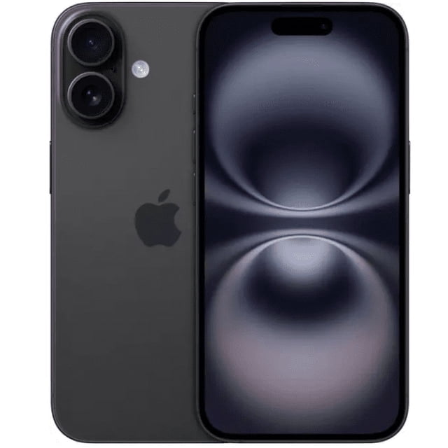 iphone 16 256gb negro Vista frontal y trasera del iPhone 16 Negro; pantalla Retina de 6.1 pulgadas encendida, doble cámara trasera en módulo vertical, acabado negro y logo Apple en la parte trasera, marco lateral oscuro sobre fondo neutro; apto para fotografía móvil y almacenar archivos grandes.