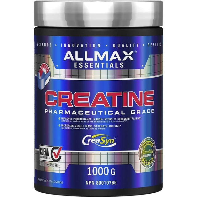 suplemento allmax essentials creatine 400 g en polvo vegano frasco frontal con etiqueta azul y texto "CREATINE" grande, tapa plateada, logo ALLMAX ESSENTIALS arriba y sello de calidad; monohidrato de creatina micronizado indicado para apoyar rendimiento y fuerza, y suele usarse en batidos postentreno.