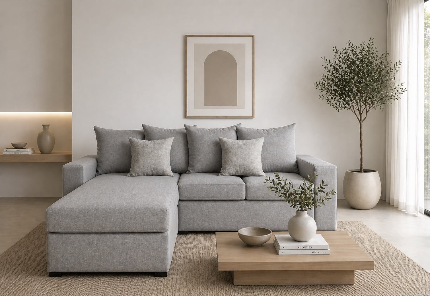 Sala Esquinera El Bazar Store Ares Gris Plata, 215x165 cm, Lado derecho e Izquierdo, Lino nacional, Modular