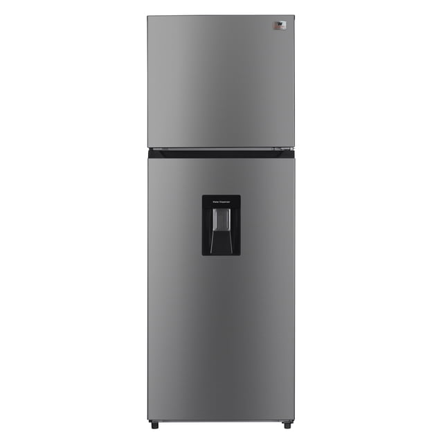 white westinghouse refrigerador 9 pies top mount 247 l inverter automático 2 puertas con congelador control mecánico de temperatura despachador de agua puerta reversible luz interior, vista frontal centrada de refrigerador Top Mount en acabado acero VCM, dos puertas con congelador superior y refrigerador inferior, despachador de agua integrado en la puerta inferior con marco negro, manija oculta en la unión entre puertas, placa White-Westinghouse en esquina superior derecha y patas ajustables visibles en la base.