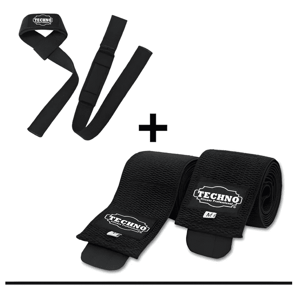 Venda Rodilla + Straps Gym Crossfit Powerlifting Pesas Kit 2 Xtellar Negro