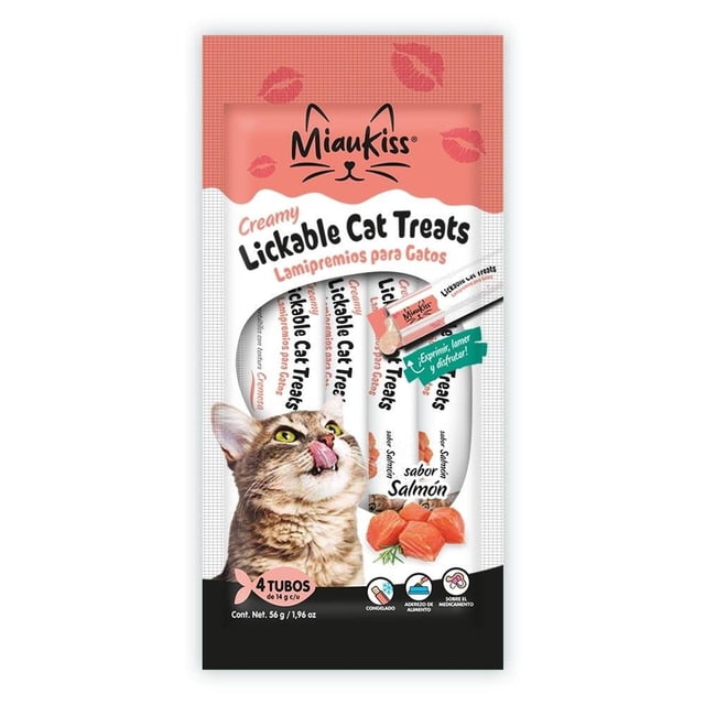 botana para gato miaukiss lickables sabor salmón 4 pack Paquete frontal con cuatro tubos verticales de premio cremoso para gato; envase blanco y rosa con logo Miaukiss, foto de gato lamiéndose, texto 'sabor Salmón' y trozos de salmón; se administra directo del tubo, como aderezo o topping en el alimento y es portátil.