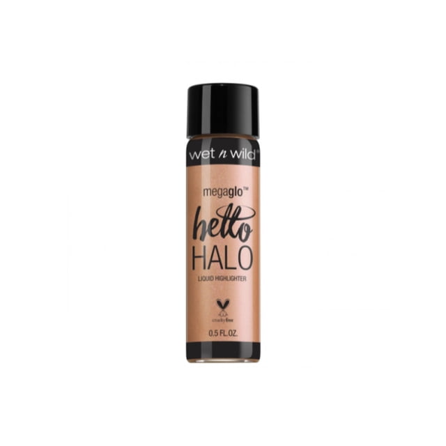 iluminador líquido wet n wild megaglo-halo goddess glow botella cilíndrica frontal con tapa negra; envase transparente muestra tono dorado cobrizo con brillo perlado y acabado luminoso, etiqueta con logo wet n wild y texto 'hello HALO', 0.5 FL OZ, fondo blanco. También suele usarse para iluminar puntos específicos como el arco de cupido o el lagrimal.