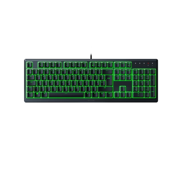 teclado gamer razer ornata v3 x teclado negro perfil bajo con conexión USB, vista cenital que muestra teclado completo con teclado numérico, teclas silenciosas de baja altura y retroiluminación RGB verde en los contornos de las teclas; suele usarse también como teclado para gaming y para trabajo de escritura prolongada.