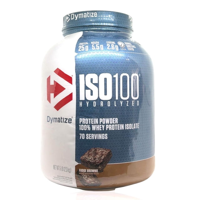 proteína iso 100 hydrolyzed 5 lbs sabor chocolate fundido dymatize dymiso100chofun envase frontal en azul acero y blanco con logo Dymatize rojo, etiqueta 'ISO100 Hydrolyzed' y 'Protein Powder 100% Whey Protein Isolate 70 servings', imagen de brownie y tapa a rosca; indica 25 g de proteína y 5.5 g de BCAA por porción y uso recomendado post-entrenamiento, suele usarse para preparar batidos.