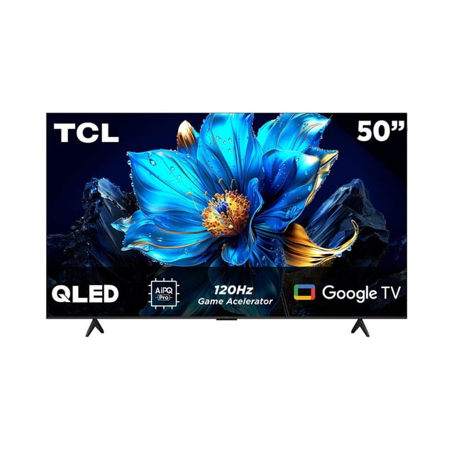 tv 50 pulgadas smart tv uhd 4k qled tcl google tv vista frontal centrada de pantalla plana Ultra-Slim con biseles delgados; muestra imagen HDR de flor azul que ilustra color QLED y +350 nits; patas en V visibles y logos AiPQ Pro, 120Hz Game Accelerator y Google TV en el marco inferior; ideal para streaming y juegos, y a menudo usado como monitor de entretenimiento para consolas domésticas.