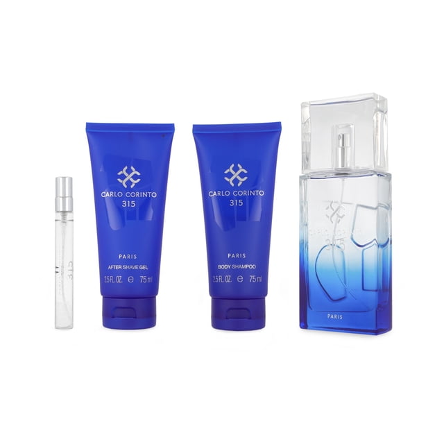 set carlo corinto 315 4pzs 100ml edt spray/ 75ml body shampoo/ after shave 75ml/ 10ml edt spray Conjunto amaderada aromática para hombre: botella EDT 100 ml azul degradado con tapa transparente, dos tubos azules de 75 ml (body shampoo y after shave) con logo blanco y un vial spray de 10 ml; notas de salida bergamota, albahaca y mandarina, corazón marino con pimienta y cardamomo y fondo de pino, musgo y almizcle. Suele usarse el vial de 10 ml para viajes.