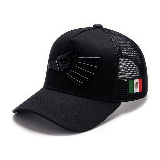 knite gorra para hombre estilo fuerza armada militar orgullo méxico ajustable gorra negra con parche frontal en relieve tipo águila, panel delantero sólido y malla trasera ventilada, visera curva y cierre trasero ajustable; parche lateral con bandera de México, estilo táctico urbano ideal para uso diario, entrenamiento o salidas informales.