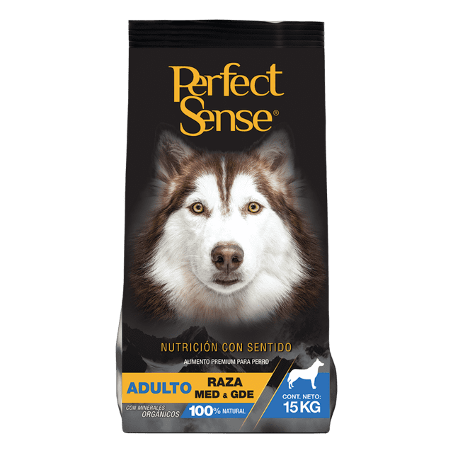 alimento para perro adulto raza med/gran 15 kg perfect sense ps1835 bolsa frontal negra con logo Perfect Sense y retrato centrado de un perro tipo husky; etiqueta amarillo-azul 'Adulto Raza Med & Gde', 15 kg, 100% Natural, proteína 24% min y grasa 12% min.