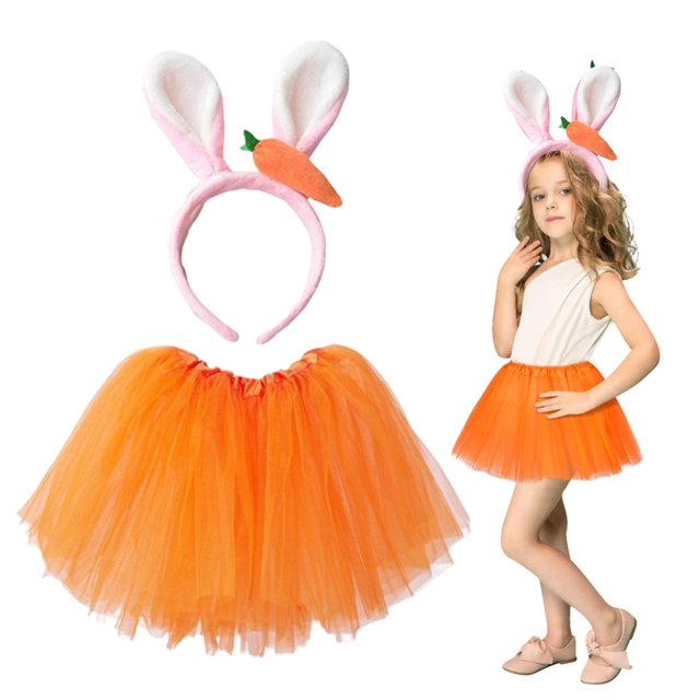 disfraz de conejito de pascua para niñas, diadema y falda naranja de felpa y tul; diadema con orejas blancas y rosa y detalle de zanahoria de encaje (18x30 cm), falda tutú naranja de varias capas (30x40 cm) mostrada sola y puesta por una niña para fiesta de carnaval o celebración de Pascua; a menudo usado también en obras escolares.