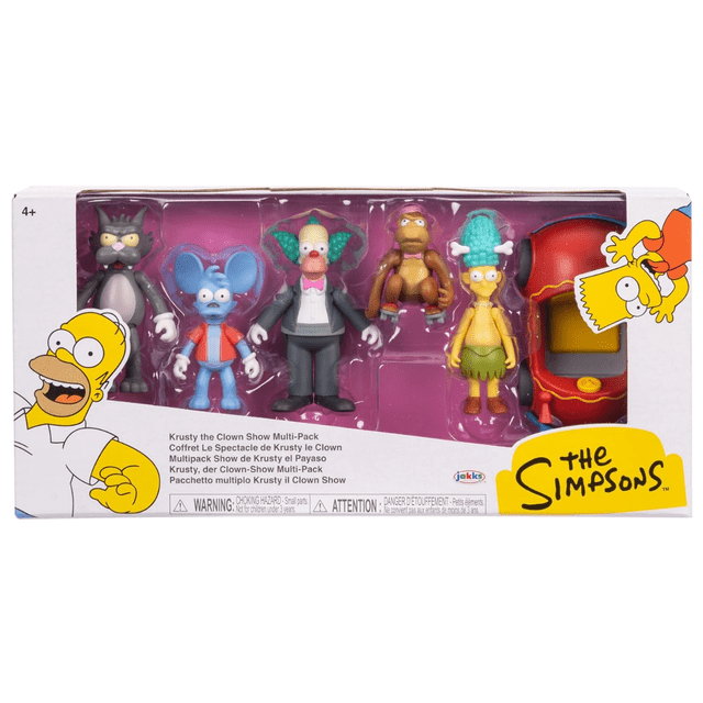 jakks pacific 2.5 multipack krusty the clown show Set de figuras coleccionables de 2.5 pulg. con Krusty y personajes de The Simpsons; vista frontal en caja con ventana que muestra seis figuras pequeñas en varios colores y un accesorio de asiento rojo, ideal para exhibición en vitrinas pequeñas.