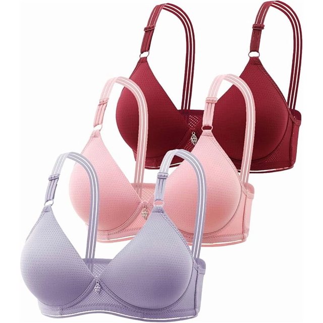 pack de 3 sujetadores push up sin aros para mujer, top corto sexy con bustier en vino, rosa y lila; vista frontal centrada de tres tops deportivos con copas push up moldeadas y diseño ergonómico, tirantes dobles ajustables con hebilla, tejido perforado antideslizante y cierre trasero, adecuado para yoga, fitness y uso diario; también suele usarse como top cómodo para entrenamientos ligeros.