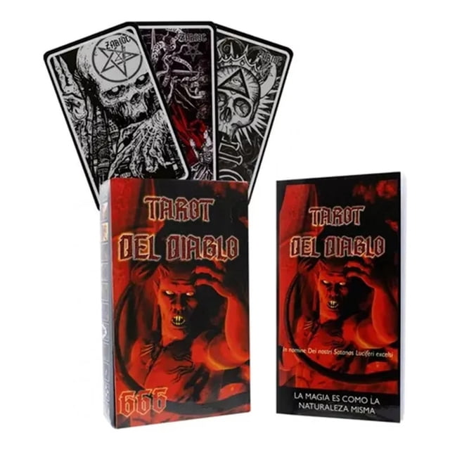 tarot del diablo – 53 cartas plastificadas (12x7 cm) + manual digital – baraja esotérica de energía oscura y transformadora caja y mazo en vista 3/4 frontal; conjunto muestra 53 cartas ilustradas (12x7 cm) con caras en blanco y negro que incluyen calaveras y símbolos, estuche vertical con portada roja y negra y tipografía gótica "Tarot del Diablo" y número 666 en la base, y folleto que representa el manual digital en español. Adecuada para lecturas, estudio y uso intuitivo según el manual.