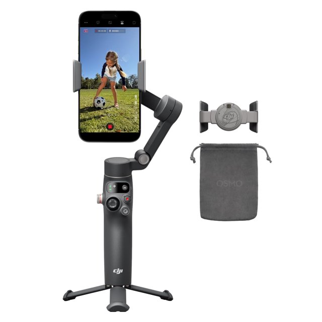 estabilizador gimbal dji osmo mobile 8 de 3 ejes, batería de 10 h estabilizador frontal con teléfono montado, empuñadura ergonómica y trípode integrado desplegado; brazo articulado de 3 ejes con rotación horizontal 360°, pinza magnética y bolsa de transporte incluidas, controles físicos visibles y acabado gris oscuro, suele usarse también para vlogging y transmisión en vivo.
