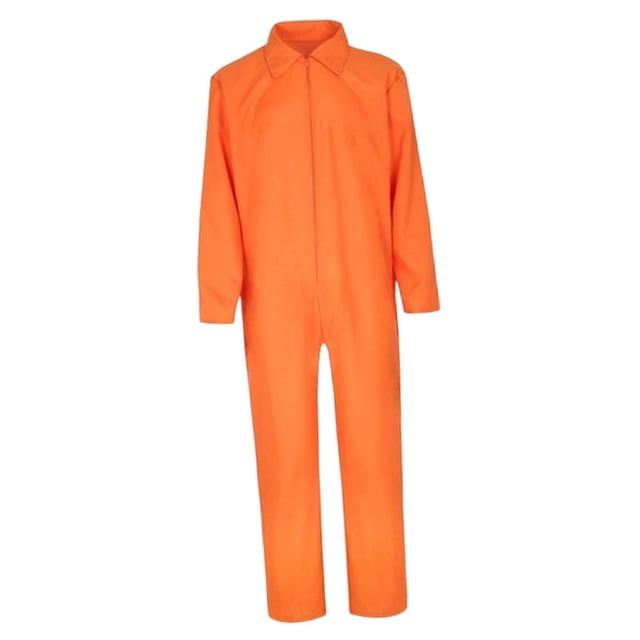 disfraz de prisionero mono de prisión para actuaciones escénicas, fiestas de cosplay, vacaciones xl mono naranja con cierre frontal, vista frontal centrada; silueta completa de manga larga y cuello camisero, largo hasta tobillos; poliéster según ficha, talla XL indicada. Ideal para Halloween, actuaciones escénicas y como disfraz para bromas en fiestas.