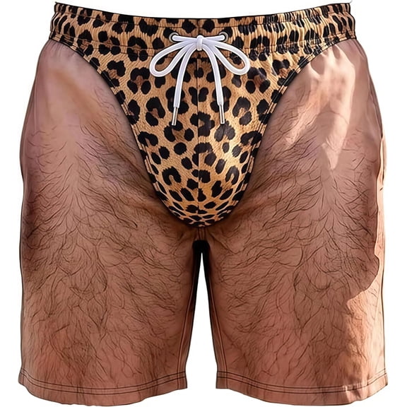 Wrongduck Shorts de Playa Tropicales Hawaianos para Hombre, Calzoncillos de Cuerpo Peludo 3D con Gráfico, Trajes de Baño, Divertidos Calzoncillos Falsos con Estampado de Leopardo 3D Shorts de Playa
