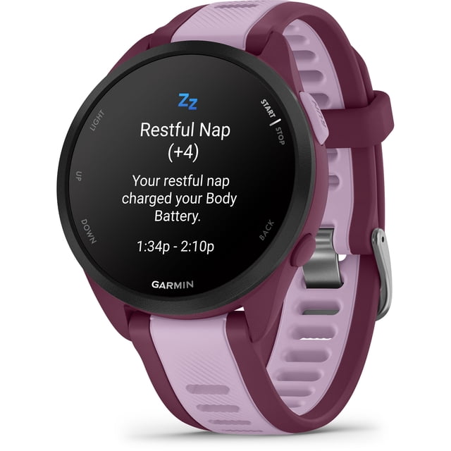 reloj monitor deportivo garmin forerunner 165 music berry reloj deportivo morado con pantalla táctil AMOLED redonda mostrando informe de siesta 'Restful Nap (+4)', bisel negro y correa bicolor morado y lila con hebilla, vista frontal 3/4. También suele usarse para seguimiento diario de ritmo, frecuencia cardiaca y distancia.
