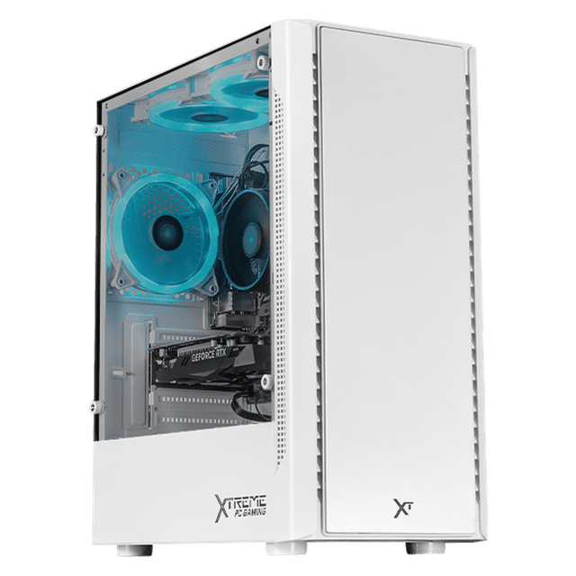 computadora gamer xtreme pc gaming nvidia geforce rtx 3050 amd ryzen 5 5500 16gb ssd 1tb wifi white — torre blanca 3/4 frontal con panel lateral de vidrio, ventiladores RGB azules configurables, tarjeta GeForce RTX 3050 instalada en ranura PCIe, placa madre A520 socket AM4, 16GB DDR4 3200MT/s y SSD 1TB visibles, logo XTREME PC GAMING en el frente. También suele usarse para edición de video ligera y streaming ocasional.