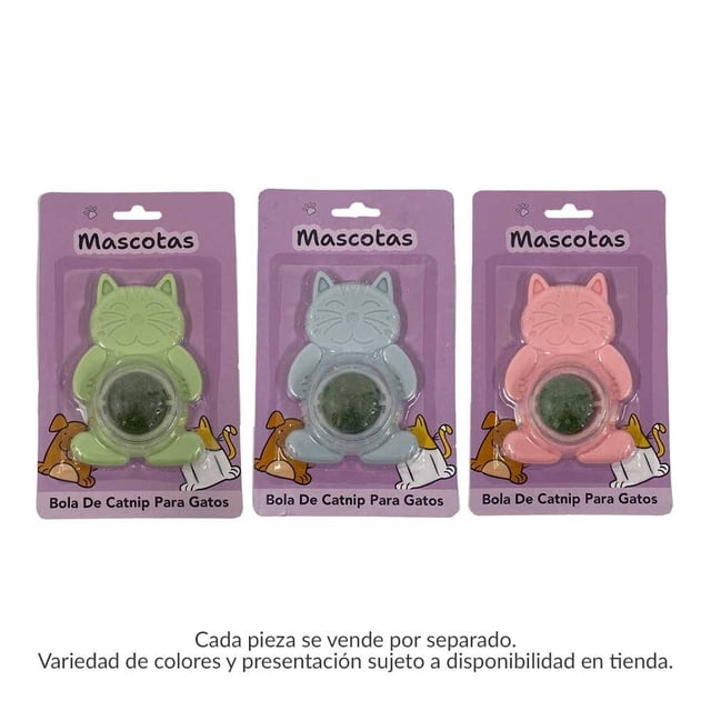 juguete para gato prichos multicolor varios modelos 1 pieza Bola de catnip Prichos en empaque, vista frontal de tres unidades: figura de gato con esfera de catnip visible en el centro; colores verde, gris y rosa en plástico liso; cada pieza en blíster con cartón violeta rotulado "Mascotas" y "Bola De Catnip Para Gatos". Diseñada para estimular el juego interior y mantener activo al gato; también suele usarse como juguete de distracción en viajes cortos.
