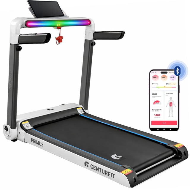caminadora electrica plegable 15km/h centurfit bluetooth pro luz led Caminadora Centurfit en vista frontal 3/4, cinta de carrera negra con borde azul y superficie de carrera 123 x 46 cm, estructura mate en negro/gris, pasamanos con sensores de pulso y pantalla multifunción frontal; tira LED RGB encendida, llave de seguridad roja colgando, ruedas de transporte visibles y teléfono mostrando conexión Bluetooth con la app SPAX; plegable para fácil almacenamiento y también apta para guardar bandas de ejercicio al plegarse.