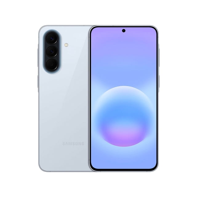 smartphone samsung galaxy a57 5g 8+256 gb azul claro desbloqueado vista frontal y posterior centrada; pantalla Super AMOLED Plus 6.7" con orificio de cámara central y bordes delgados, módulo trasero triple con sensor principal visible (50 MP) y carcasa azul claro; diseño delgado, batería 5000 mAh y conectividad 5G; también suele usarse para streaming y creación de contenido ligero.