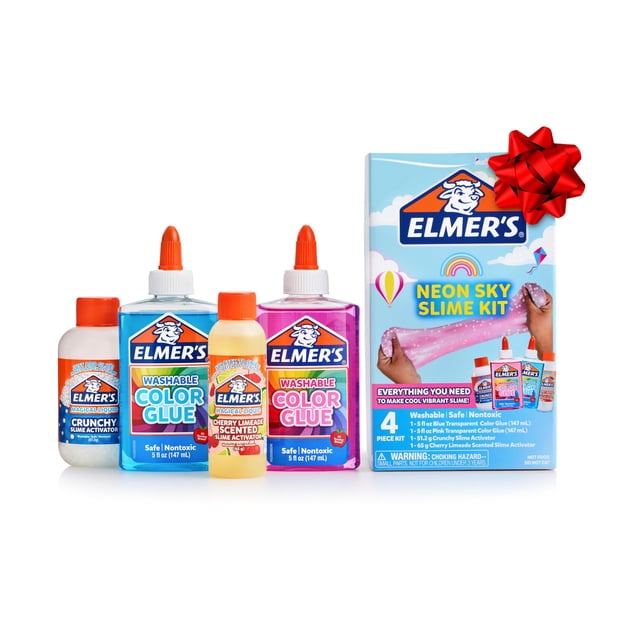 kit slime elmer's neon sky con pegamento transparente y activadores multicolor, vista frontal centrada de la caja y cuatro botellas: pegamento transparente azul 5 fl oz y rosa 5 fl oz, activador crujiente 1.81 oz y activador Cherry Limeade 2.29 oz, etiquetas Elmer's legibles sobre fondo blanco; apto para actividades creativas y proyectos de manualidades infantiles.