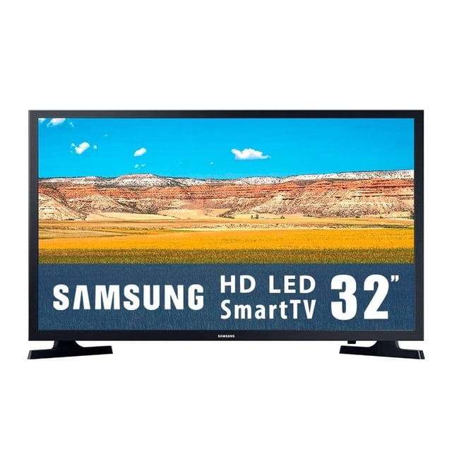 tv samsung 32 pulgadas hd smart tv led un32t4310afxzx Televisor Samsung 32" HD en color negro, vista frontal con peanas y pantalla encendida mostrando un paisaje; diseño moderno, 2 puertos HDMI y conexión Bluetooth, adecuado para streaming y uso en sala familiar.