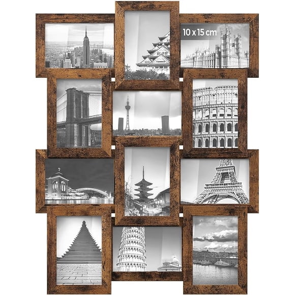 SONGMICS Collage de Marco de Fotos, 10 x 15 cm, Juego de 12, Pantalla Colgante, Requiere Montaje, Marrón Rústico