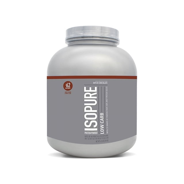 isopure low carb protein chocolate bote gris de polvo de proteína sabor chocolate holandés con logo ISOPURE y texto 'Low Carb', sello '62 servings' y tapa plateada; libre de lactosa y grasa según especificaciones, fuente: aislado de proteína de suero por intercambio iónico; suele usarse para complementar nutrición deportiva.
