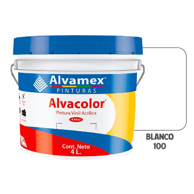 pintura vinílica alvamex alvacolor blanco 4l interior y exterior 4 años, cubeta frontal de 4 litros blanca con tapa azul y etiqueta azul/amarilla con logo Alvamex y texto Alvacolor; acabado mate para yeso, concreto, tabla roca, madera y mampostería, diluible hasta 10% con agua y secado en 1 hora; también suele usarse para retoques rápidos en obras y muebles exteriores pequeños.