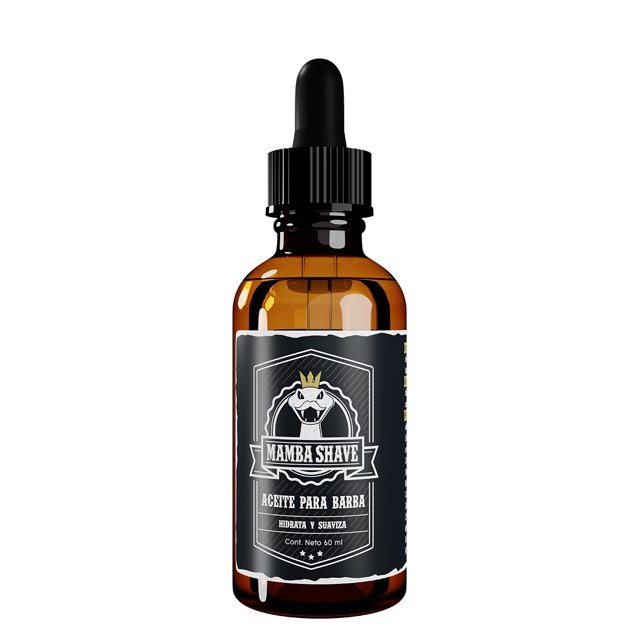 aceite para barba mamba shave hidratante para barba frasco ámbar con gotero negro y etiqueta negra con logo Mamba Shave; texto visible "Aceite para Barba" y "Cont. Neto 60 ml"; hidrata y nutre la barba, suaviza e ilumina con aroma fresco y acabado brillante y natural, también suele usarse para peinar bigote sin sensación pegajosa.