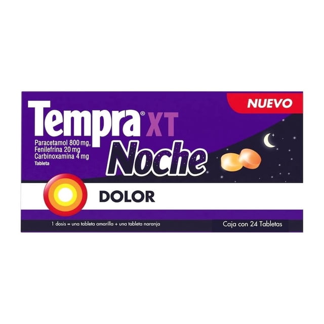 analgésico tempra xt noche caja 24 tabletas caja frontal morada y blanca con logo Tempra XT Noche, texto 'DOLOR', componentes visibles (paracetamol 800 mg, fenilefrina 20 mg, carbinoxamina 4 mg), ilustración de luna y dos tabletas —una amarilla y una naranja— y etiqueta 'Nuevo'.