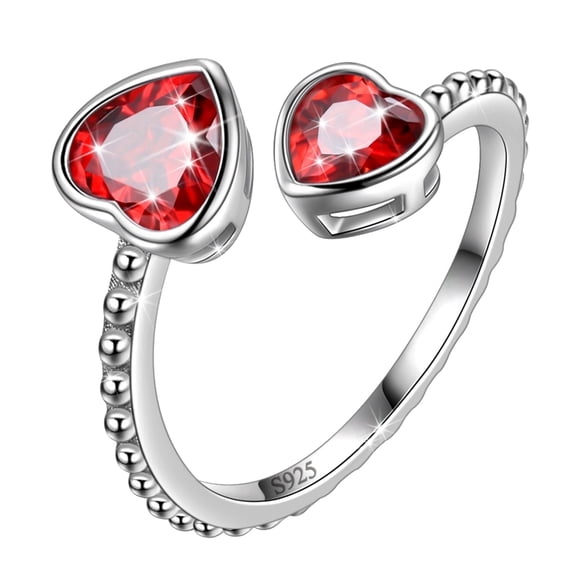 Juwaliy 925 Sterling Silver Anillo de Piedra de Nacimiento de Enero Ajustable Double Hearts Anillo de Bisel Granate Rojo Joyería Mujer Regalo Del Día de la Madre