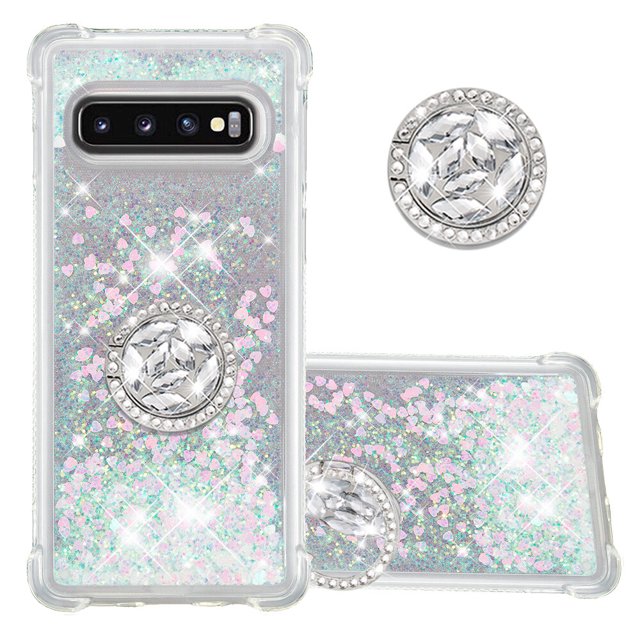 Funda para Samsung Galaxy S10 Plus con Brillo Líquido Flotante, Purpurina, Parachoques y Anillo Giratorio Soporte