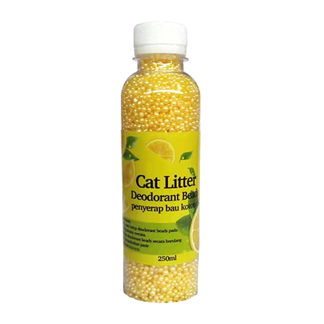 arena para gatos arena para gatos camas desodorantes eliminadores de olores fáciles de usar elimina el olor amarillo desodorante para caja de arena en botella cilíndrica frontal con pequeñas cuentas adsorbentes amarillas, etiqueta con dibujo de limón y texto, tapa blanca, 250 ml; adecuado para espolvorear sobre la arena para reducir olores durante 3–6 horas.