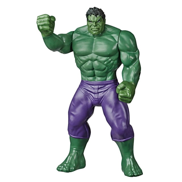 figura de acción marvel hulk, juguete coleccionable de 24 cm para niños mayores de 4 años vista frontal centrada de la figura Hulk a escala, musculatura marcada, piel multicolor verde y pantalones morados, pose con puño derecho levantado y 4 puntos de articulación (cabeza, brazos, cintura); fondo blanco minimalista; adecuada como pieza de exhibición en colecciones.